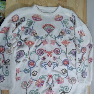 Vintage Hand Made Floral Embroidery Knit Sweater